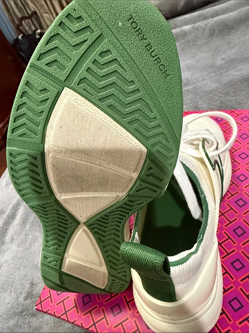 Tory Burch Ivory Knit Sneakers with Green Accents